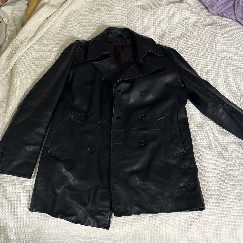 Paul Smith Black Leather Double-Breasted Pea Coat